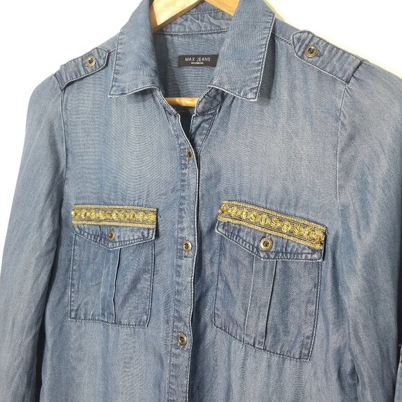 Max Jeans Blue Chambray Lightweight  Long Sleeve Button Down Shirt Dress Size XS - Picture 3 of 13